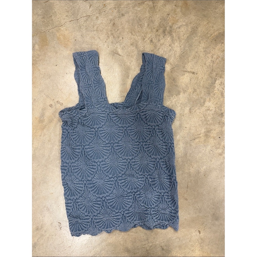 Aura Blue Textured Knit Tank Top Sleeveless Wide Strap Fan Pattern LM001 S